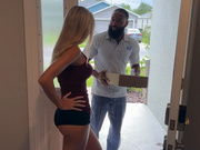 The black delivery guy was invited by a beautiful white blonde