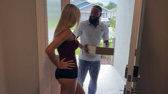 The black delivery guy was invited by a beautiful white blonde