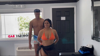 Brunette girl with big tits and tall black bull