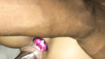 Girlfriend with butt plug takes Black cock