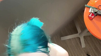 Tatted hottie with blue hair worships black cock