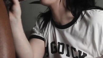Pretty brunette worships huge black dick