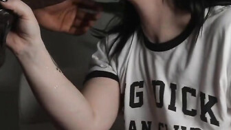 Pretty brunette worships huge black dick