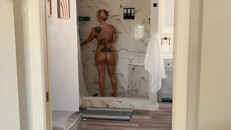 White married blonde with big boobs had a good time with her black lover after the shower