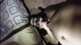 Masked wife in stockings sucks BBC